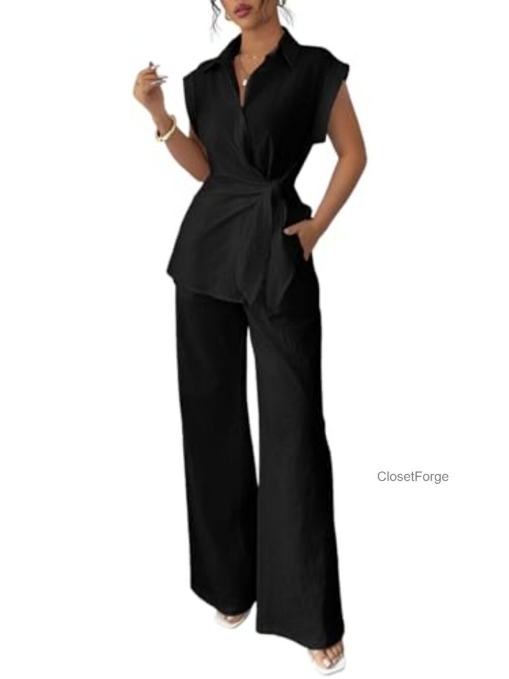 Two Piece Set Cap Sleeve Tie Waist Shirt Wide Leg Pants